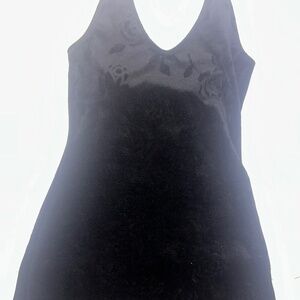 Vintage Black Velvet Halter Mini Dress – Rose Pattern